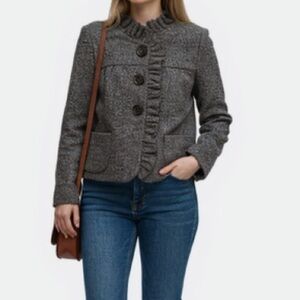 Like New Gray Herringbone J. Crew Fiona Ruffle Wool Blazer Coat, size 0